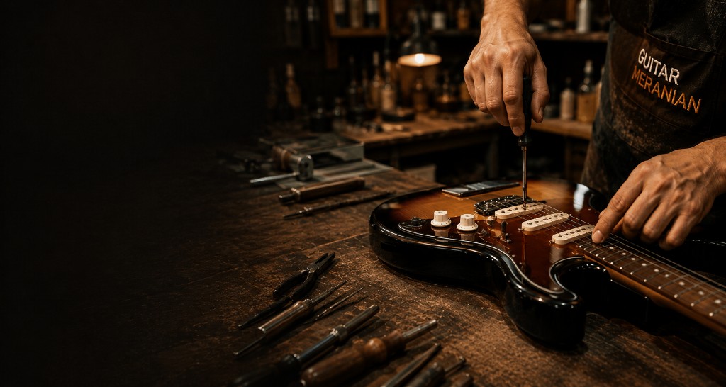 ช่าง Guitar Meranian กำลังปรับแต่งกีตาร์ในอู่
